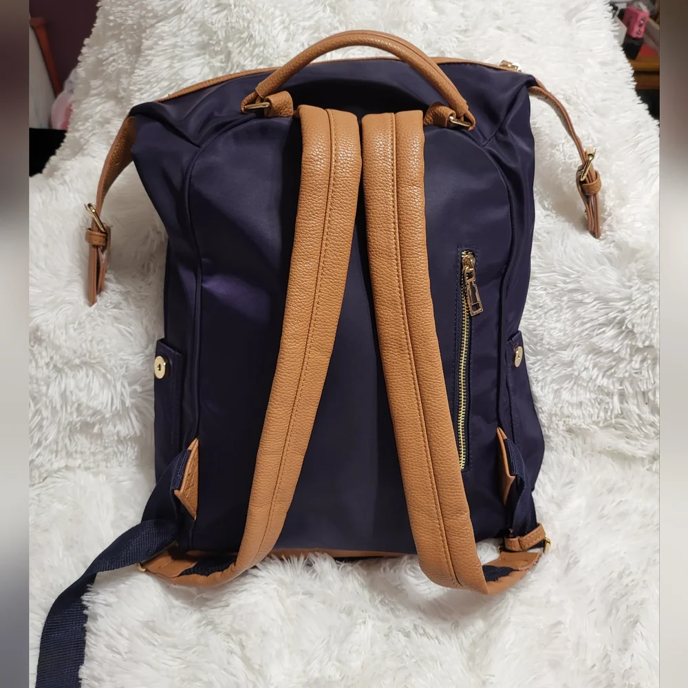 NEW! Tommy Bahama Navy Nylon Campus Backpack Tan Faux Leather Trim Handbag